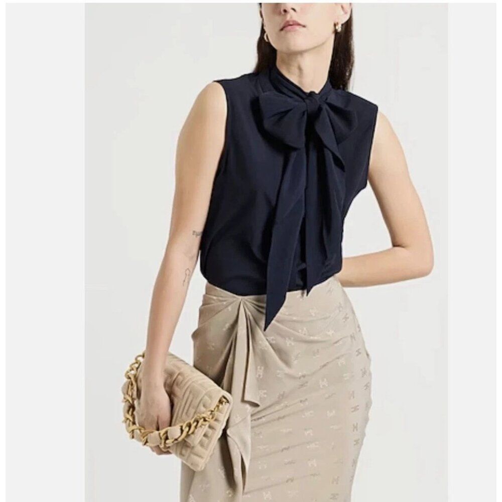 Tory Burch Womens Shirt Top sz 8 Navy Blue Sleeveless Bow Blouse 90001199 NWT
